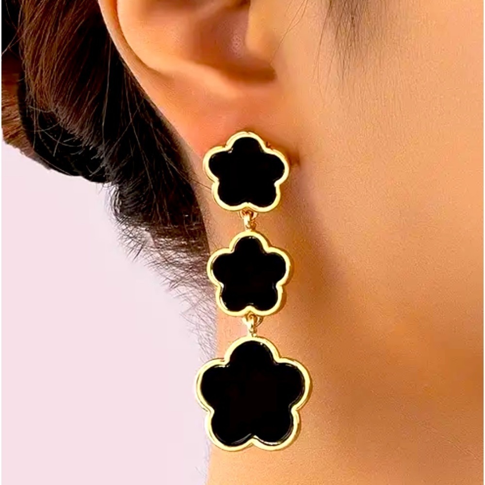 BLACK FLOWER DESIGN LONG DANGLE EARRINGS RETRO BOHEMIAN STYLE JEWELRY NEW - Picture 2 of 3